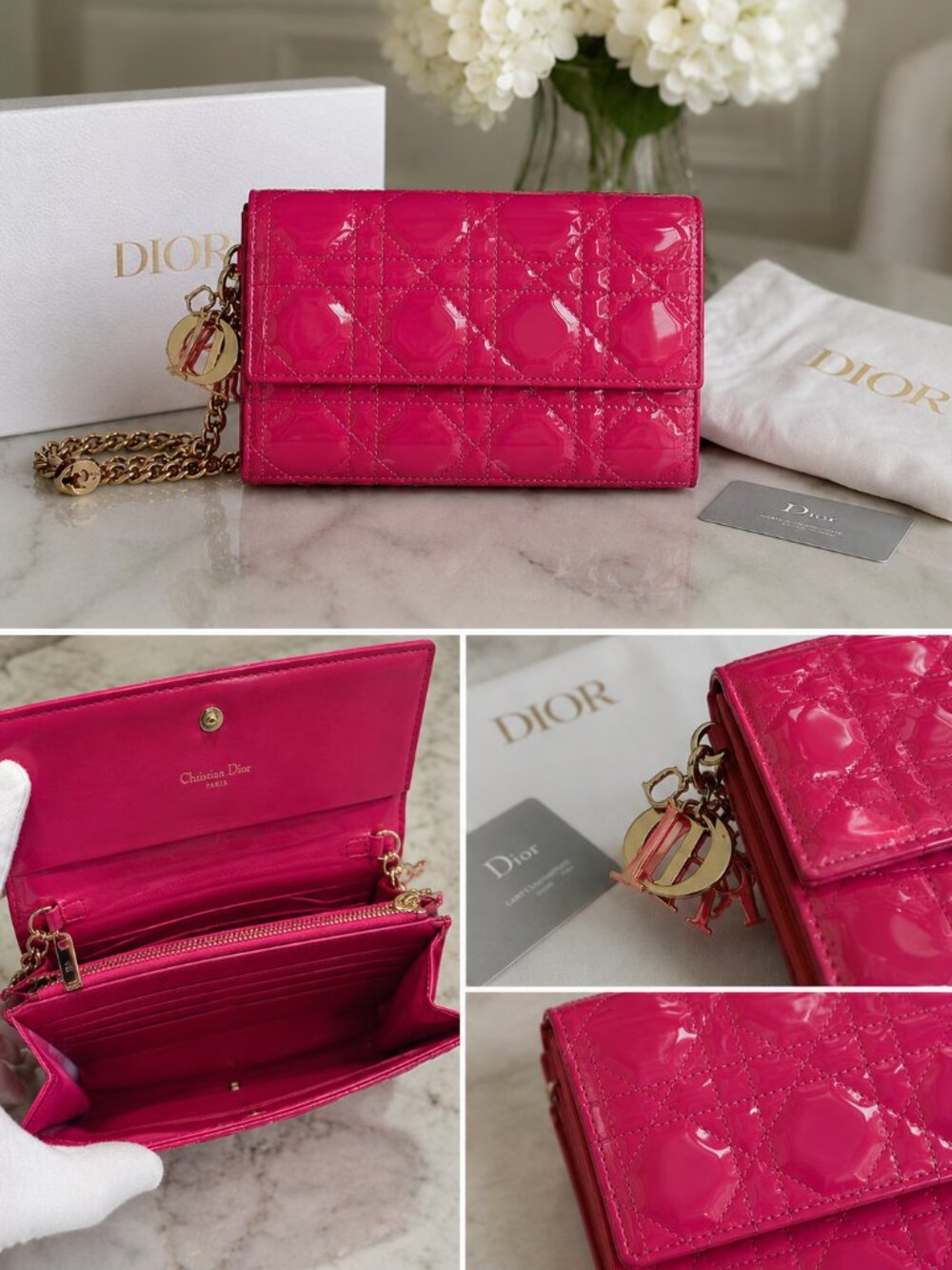 Christian Dior Lady Dior Wallet on Chain Pink Patent Leather Cannage WOC
